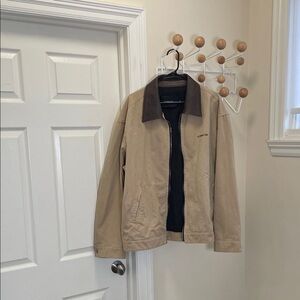 Coach NWOT Twill Work Jacket Two Toned Leather Collar Work Jacket Tan Brown XL